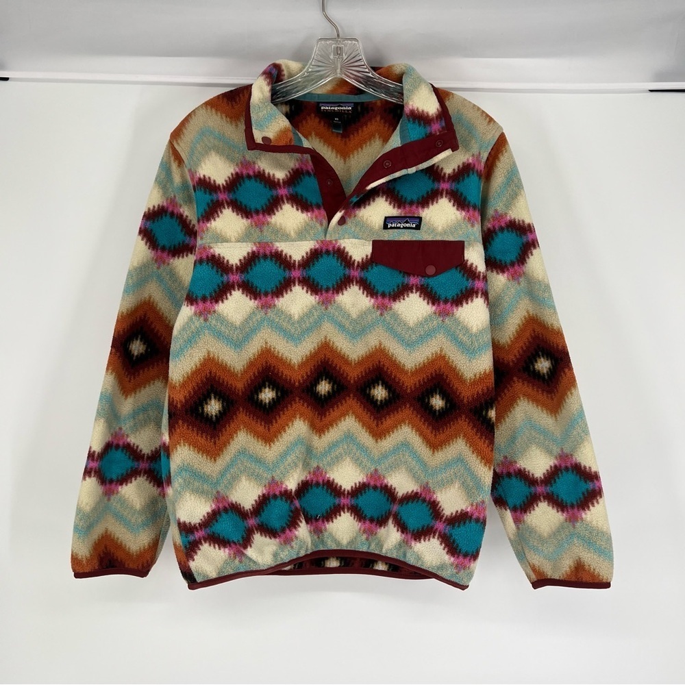 Patagonia Chevron Synchilla Snap Button High Neck Outdoor Fleece Pullover XS - Picture 2 of 8